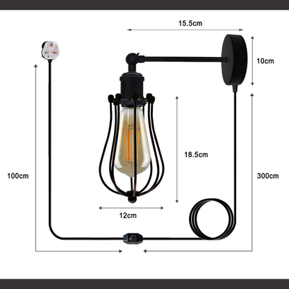 Modern Industrial Black Loft Metal Plug in wall Lamp Shade Wire Cage 4m Rapper cable with dimmer switch