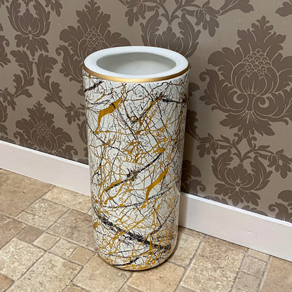 AcaciaHome Durable Ceramic Round Umbrella stand–Perfect Holder for Home, Office, & Entryway - Adds a Sophisticated Touch to Living Spaces for Canes, & Walking Sticks (Ceramic White/Gold)