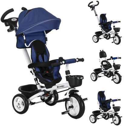 HOMCOM 6 in 1 Trike for Toddler 1-5 Years with Parent Handle, Dark Blue