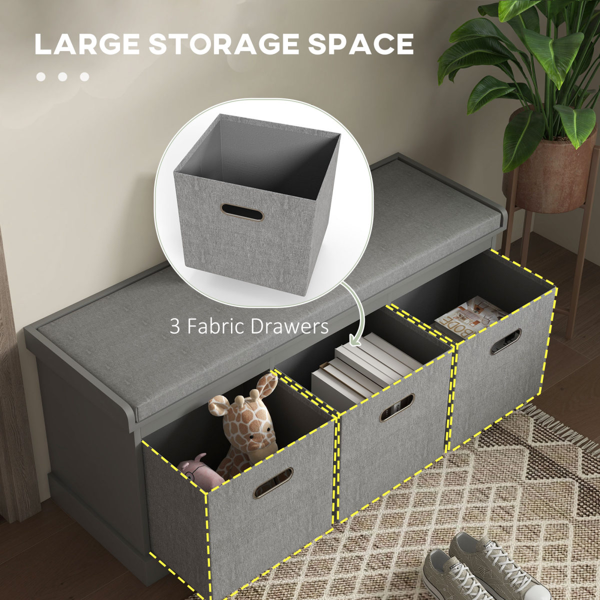 HOMCOM Shoe Bench with Cushioned Seat, 3 Fabric Drawers for Entryway Hallway
