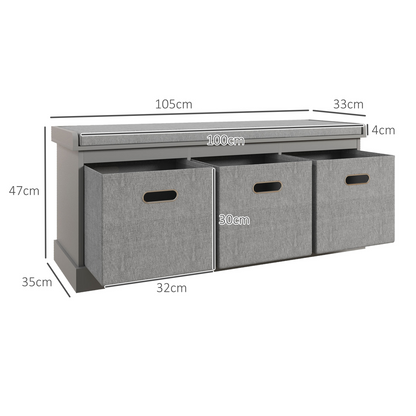 HOMCOM Shoe Bench with Cushioned Seat, 3 Fabric Drawers for Entryway Hallway