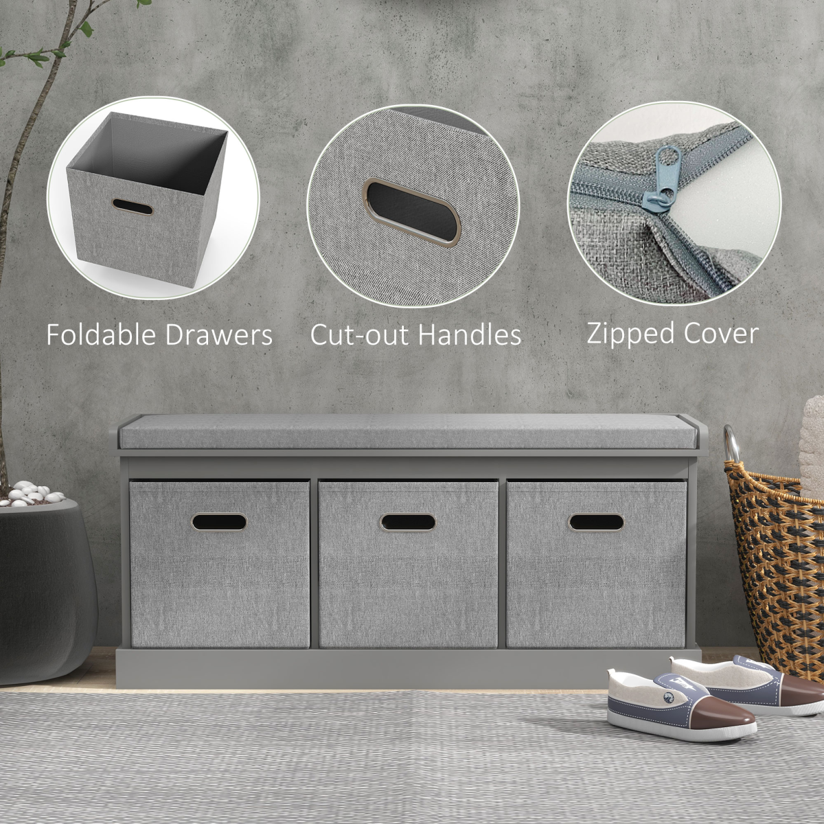HOMCOM Shoe Bench with Cushioned Seat, 3 Fabric Drawers for Entryway Hallway