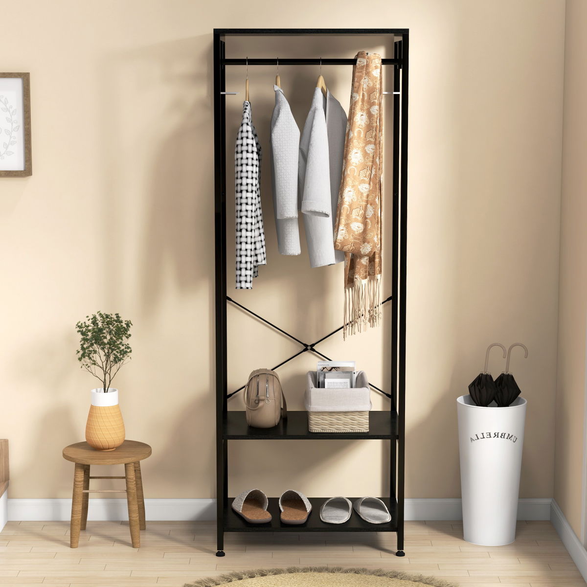 HOMCOM Coat Rack, 2-in-1 Clothes Stand with Shoe Storage for Hallway, Black