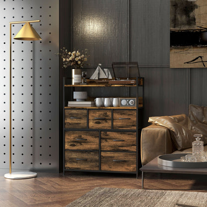 HOMCOM Bedroom Chest of Drawers 7 Drawer Dresser w/ Shelves, Rustic Brown