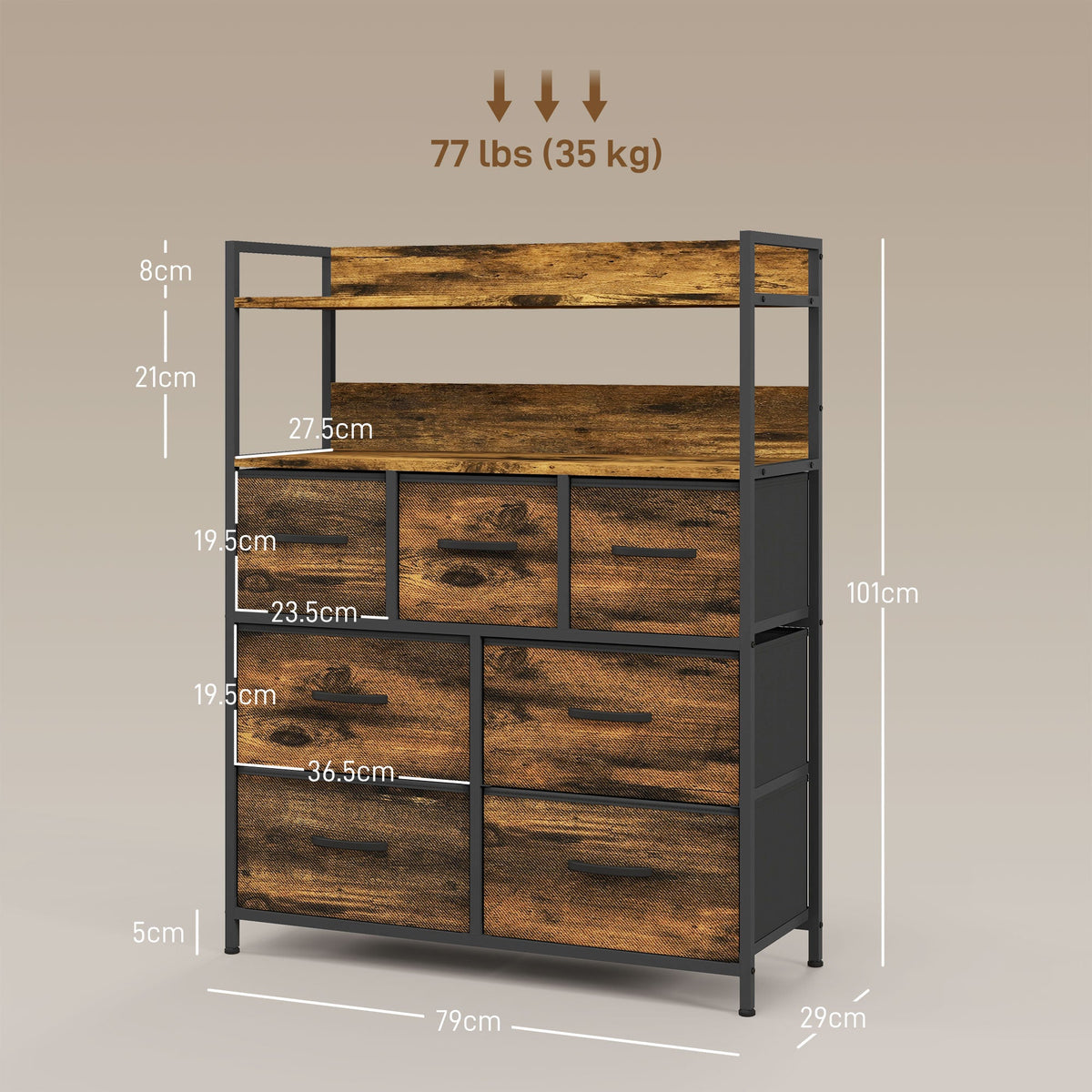 HOMCOM Bedroom Chest of Drawers 7 Drawer Dresser w/ Shelves, Rustic Brown