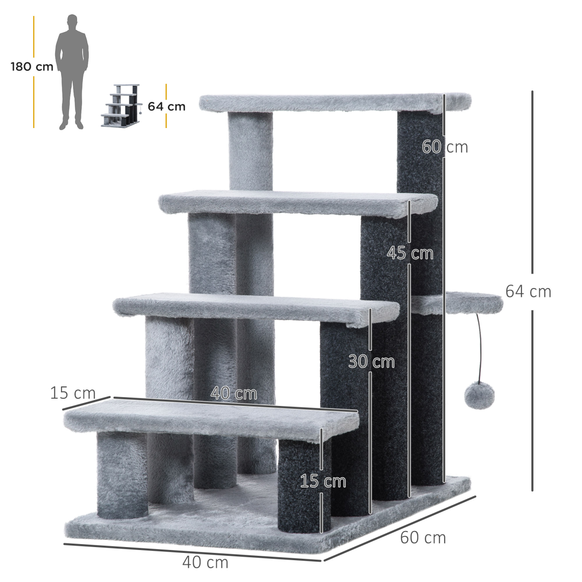 PawHut Pet Stairs with 3-step Stair, Scratching Posts, Platforms, Toy Ball