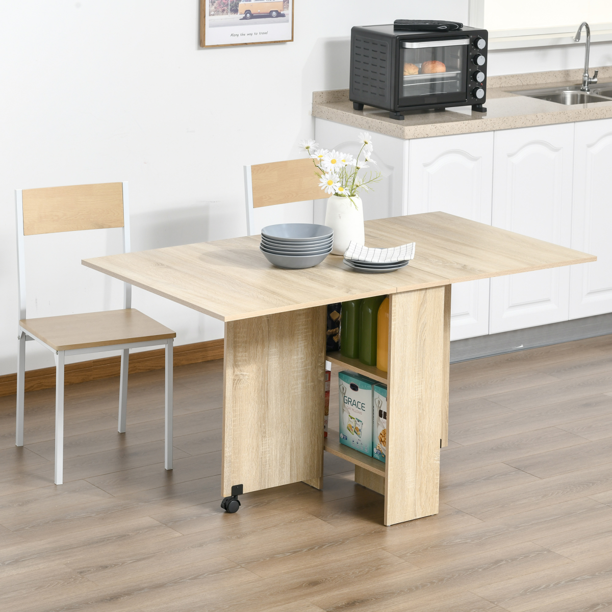 HOMCOM Mobile Drop Leaf Dining Table Folding Desk w/ 2 wheels Storage Shelves