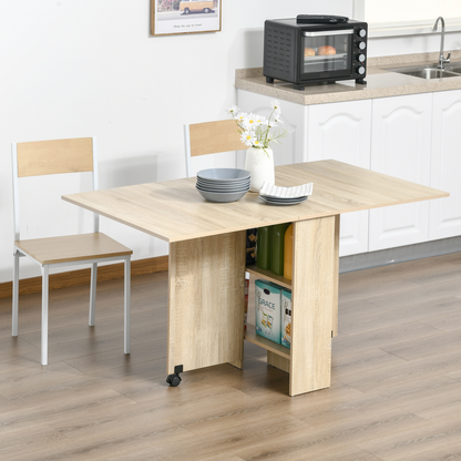 HOMCOM Mobile Drop Leaf Dining Table Folding Desk w/ 2 wheels Storage Shelves