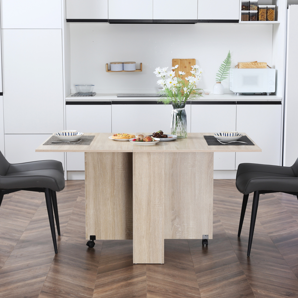HOMCOM Mobile Drop Leaf Dining Table Folding Desk w/ 2 wheels Storage Shelves