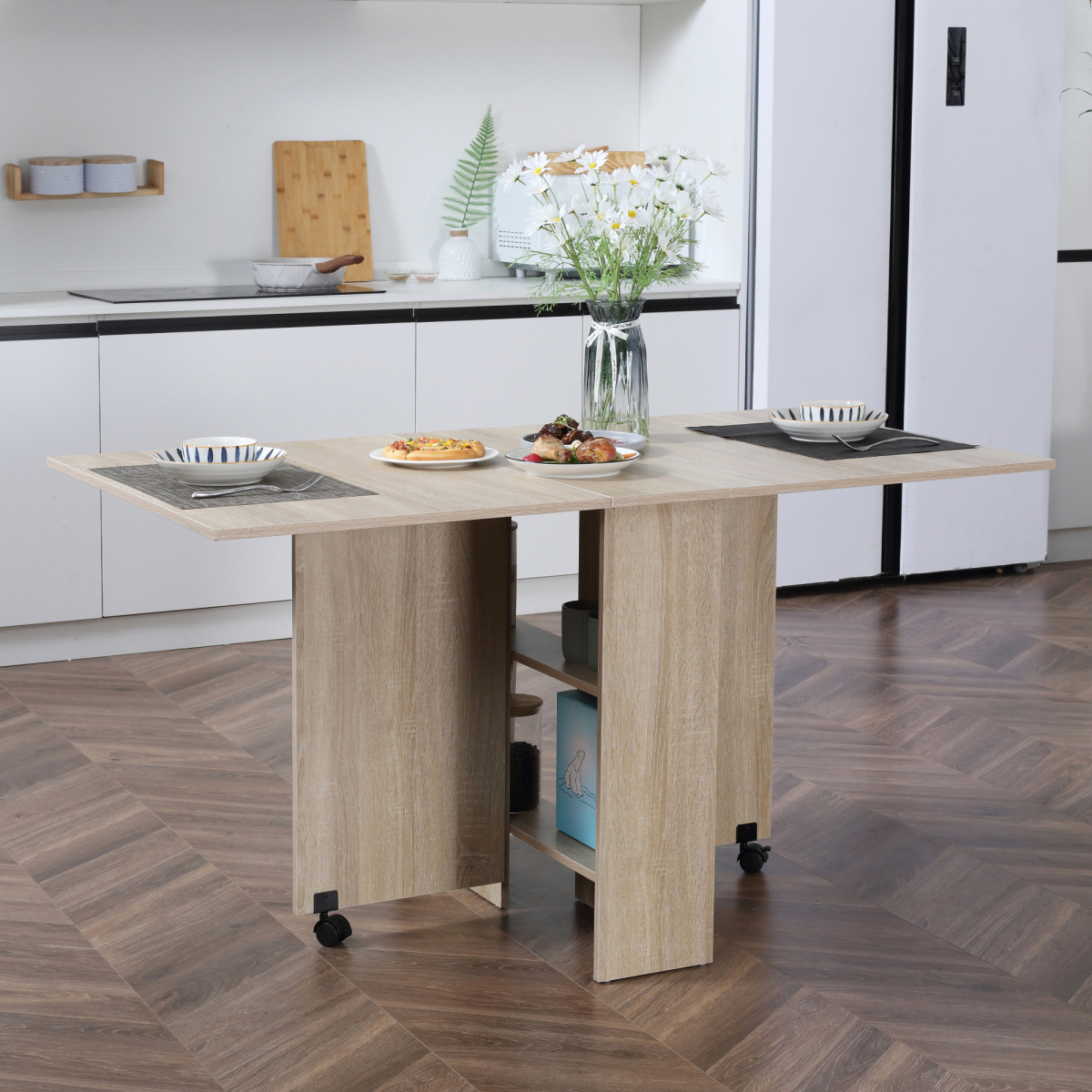 HOMCOM Mobile Drop Leaf Dining Table Folding Desk w/ 2 wheels Storage Shelves