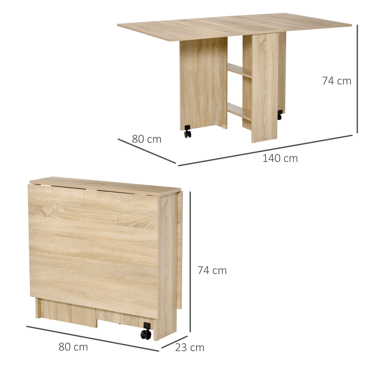 HOMCOM Mobile Drop Leaf Dining Table Folding Desk w/ 2 wheels Storage Shelves
