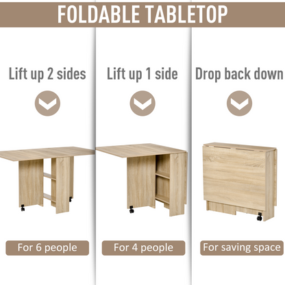HOMCOM Mobile Drop Leaf Dining Table Folding Desk w/ 2 wheels Storage Shelves