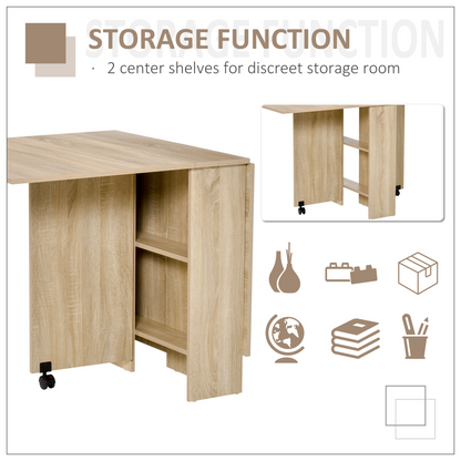 HOMCOM Mobile Drop Leaf Dining Table Folding Desk w/ 2 wheels Storage Shelves