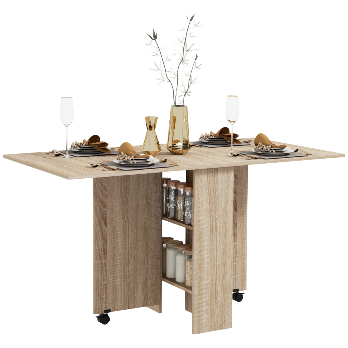 HOMCOM Mobile Drop Leaf Dining Table Folding Desk w/ 2 wheels Storage Shelves