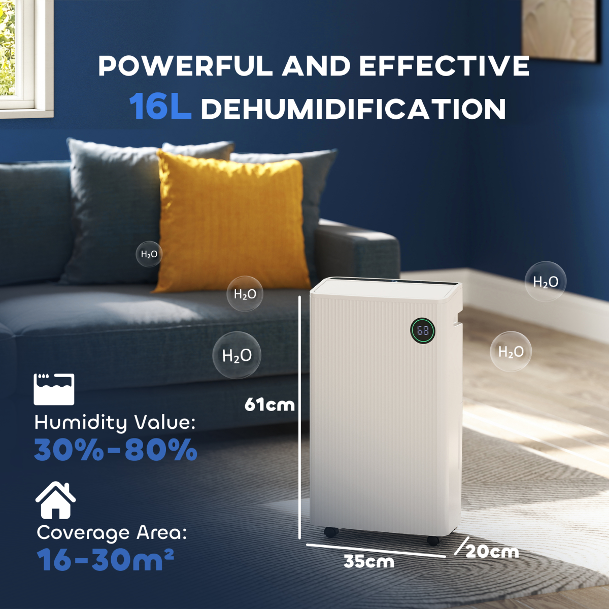 HOMCOM 16L/Day Quiet Air Dehumidifier with Purifier, UVC, Ioniser, Timer