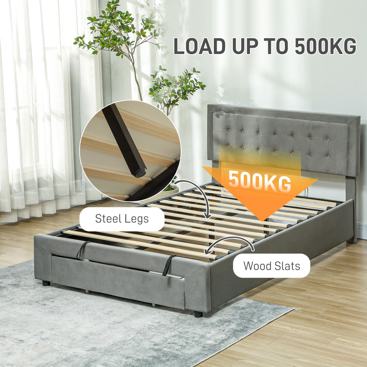 HOMCOM Double Bed Frame with Storage and Adjustable Velvet Headboard