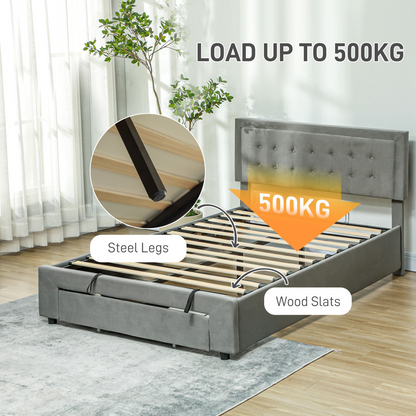 HOMCOM Double Bed Frame with Storage and Adjustable Velvet Headboard