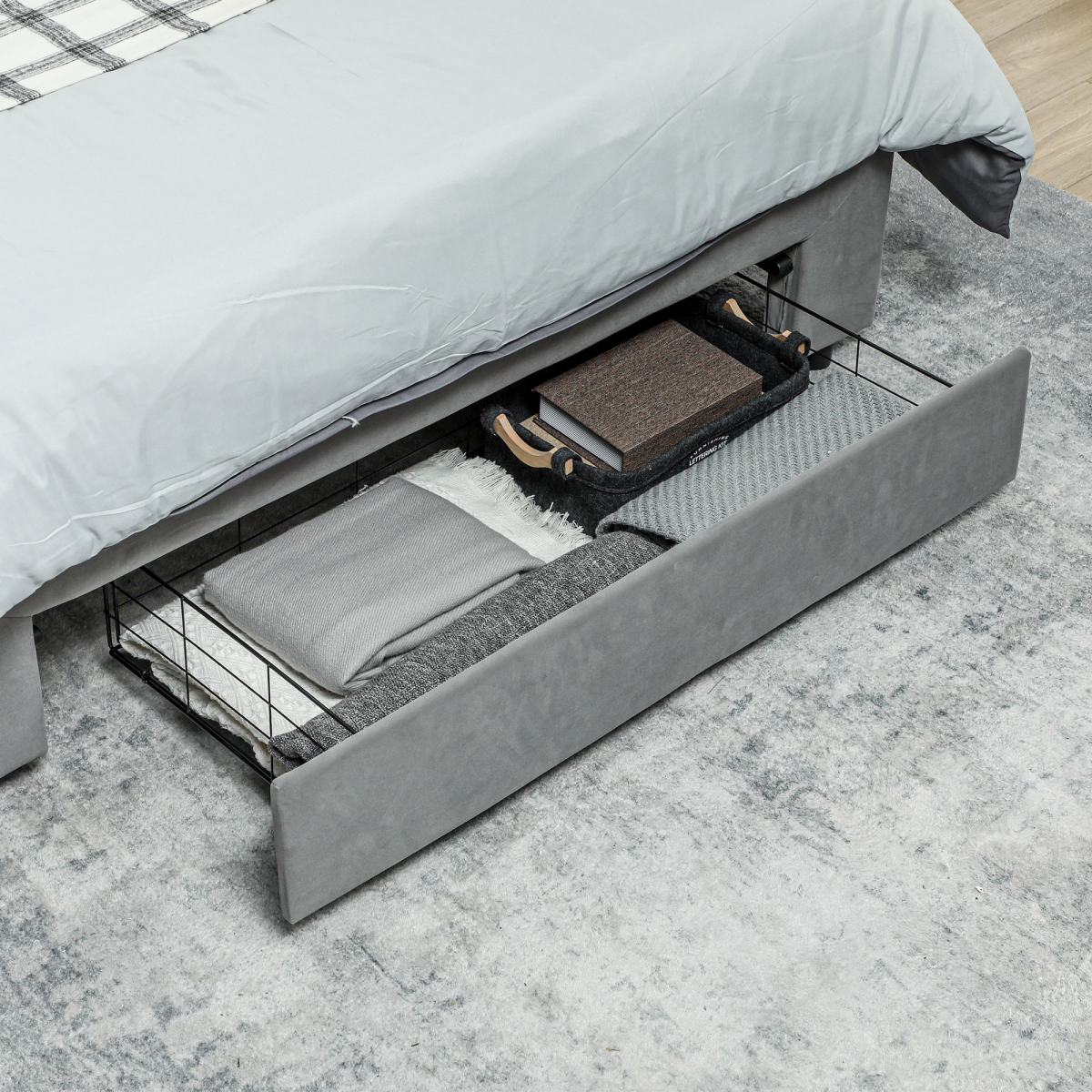 HOMCOM Double Bed Frame with Storage and Adjustable Velvet Headboard