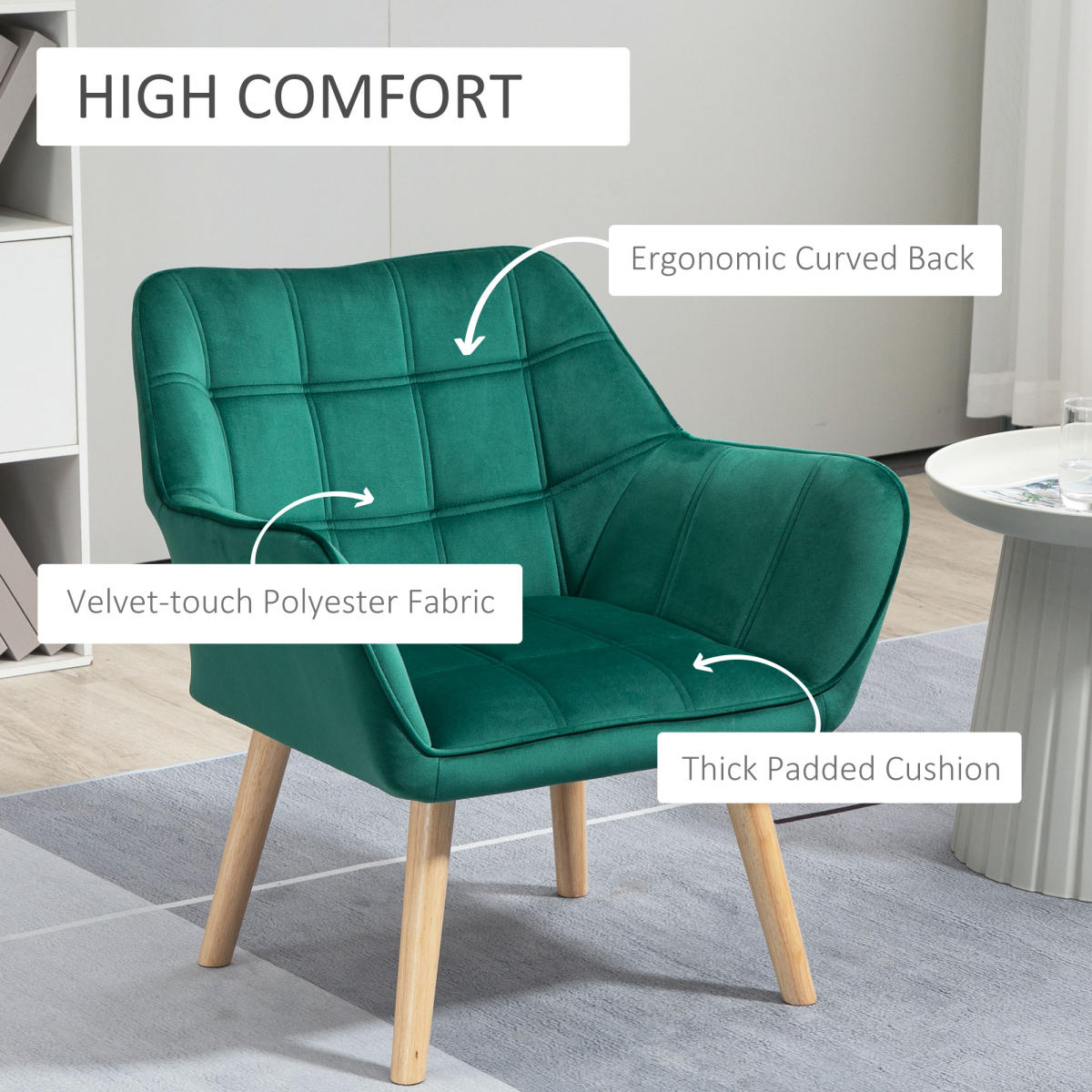 HOMCOM Velvet-Feel Accent Chair with Arms Slanted Back Wood Legs