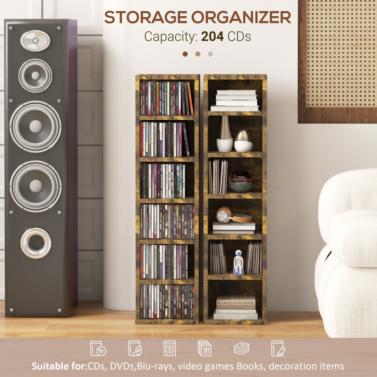 HOMCOM Set of 2 CD Storage Units with Adjustable Shelves