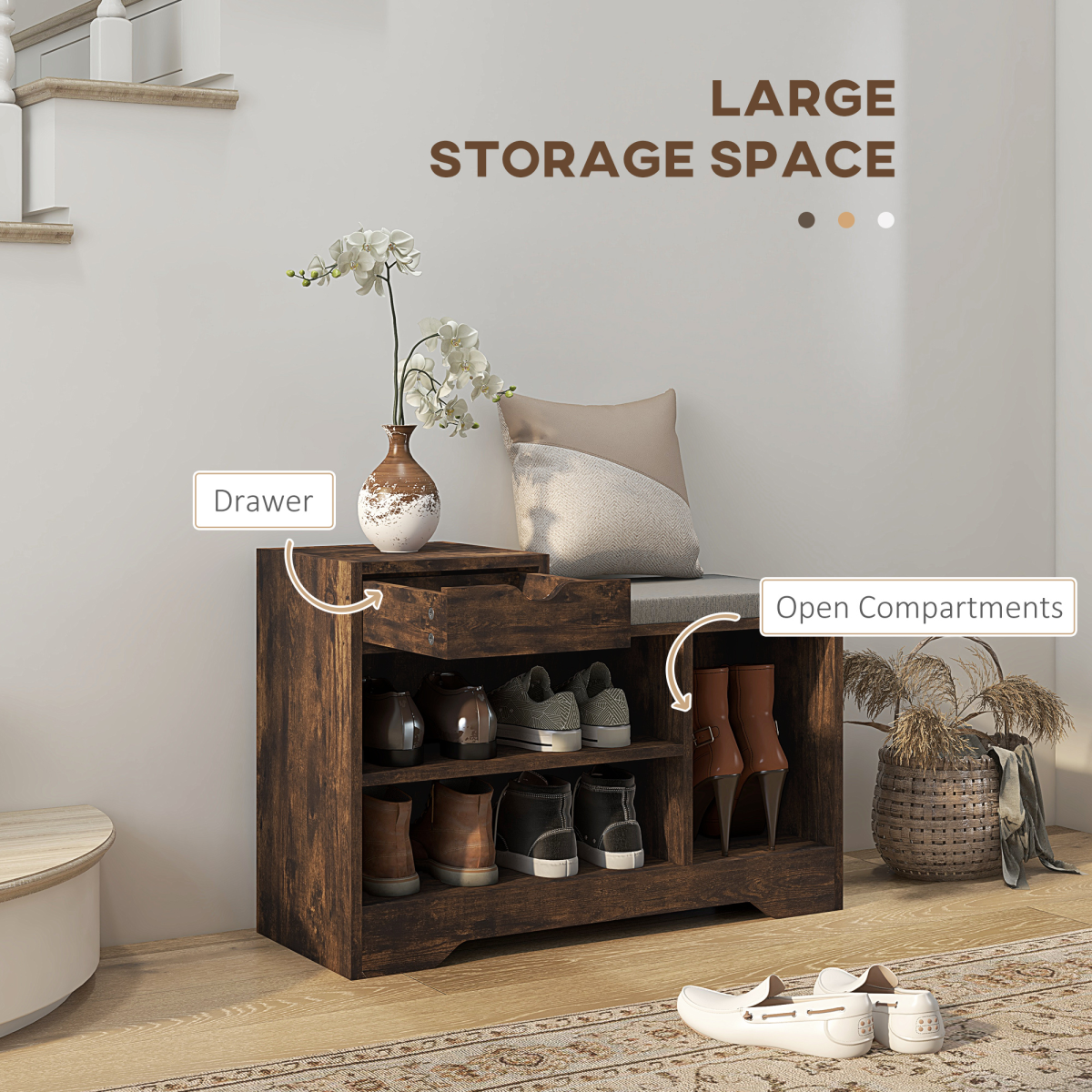 HOMCOM Upholstered Entryway Shoe Bench with Storage Drawer Distressed
