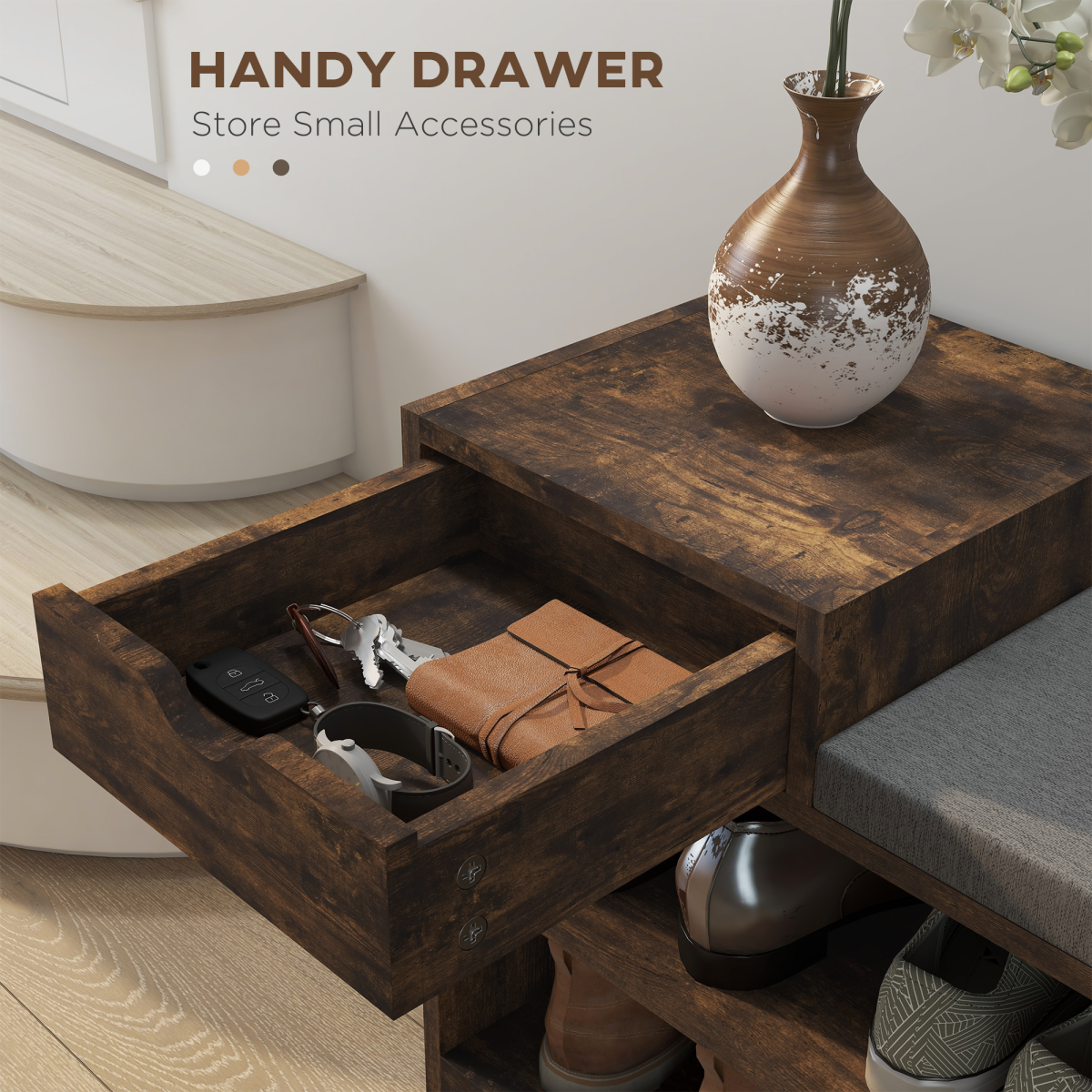 HOMCOM Upholstered Entryway Shoe Bench with Storage Drawer Distressed