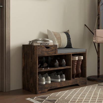 HOMCOM Upholstered Entryway Shoe Bench with Storage Drawer Distressed