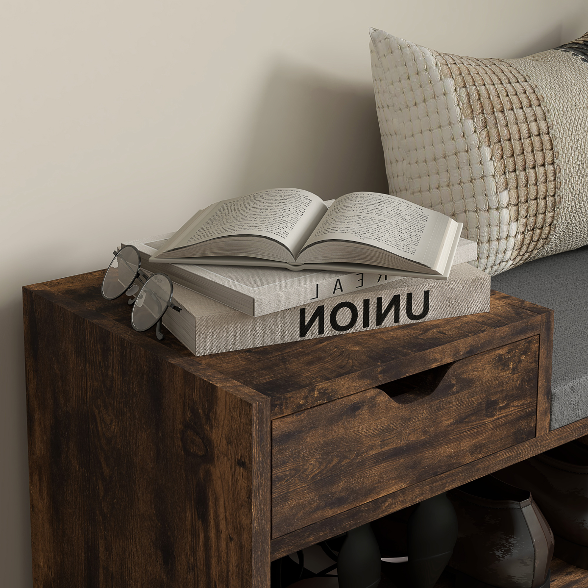 HOMCOM Upholstered Entryway Shoe Bench with Storage Drawer Distressed
