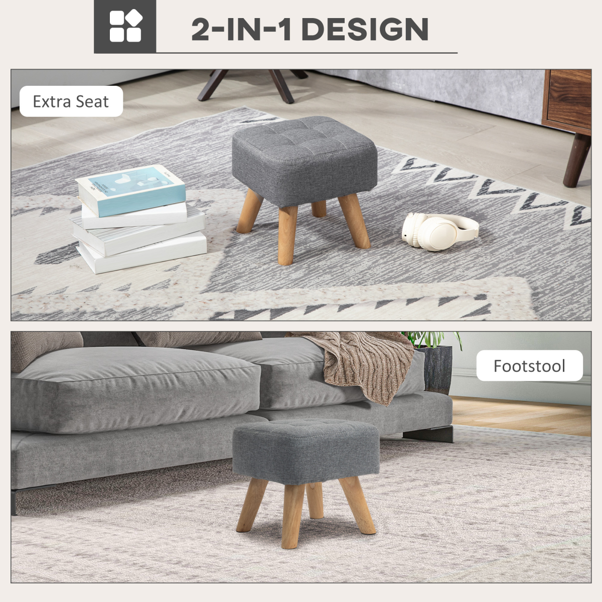 HOMCOM Modern Footstool, Fabric Foot Rest with Rubber Wood Legs