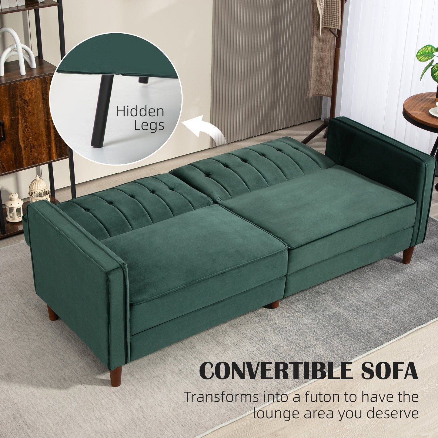 HOMCOM Convertible Sofa Futon Velvet-Touch Tufted Couch Sofa Bed