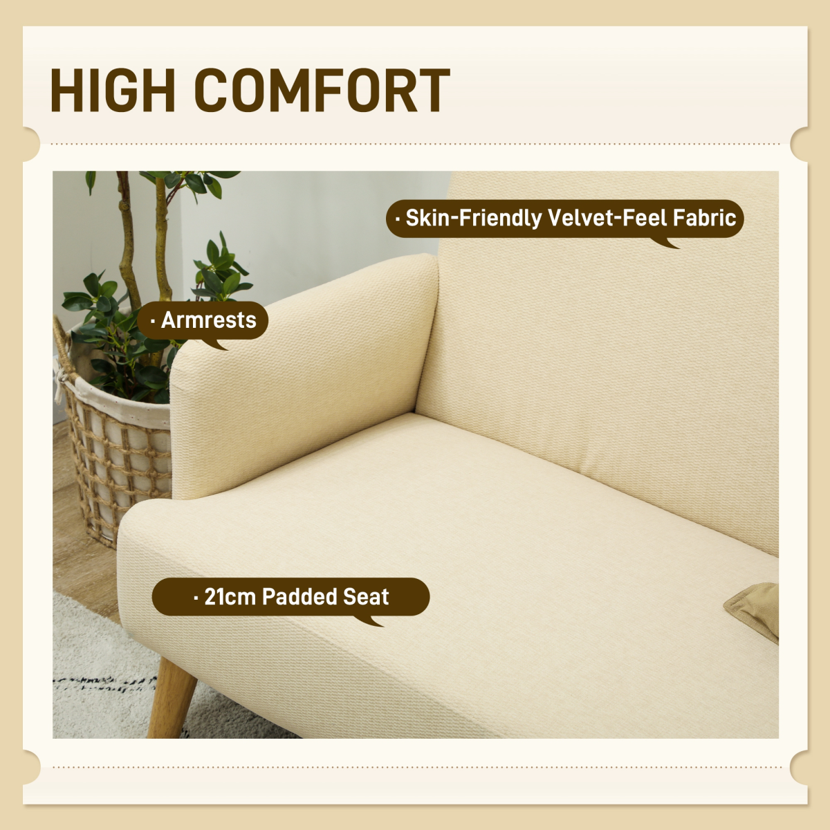 HOMCOM 2 Seater Sofa with 21cm Thick Padding and Wood Legs