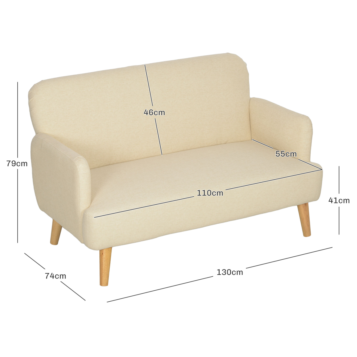 HOMCOM 2 Seater Sofa with 21cm Thick Padding and Wood Legs