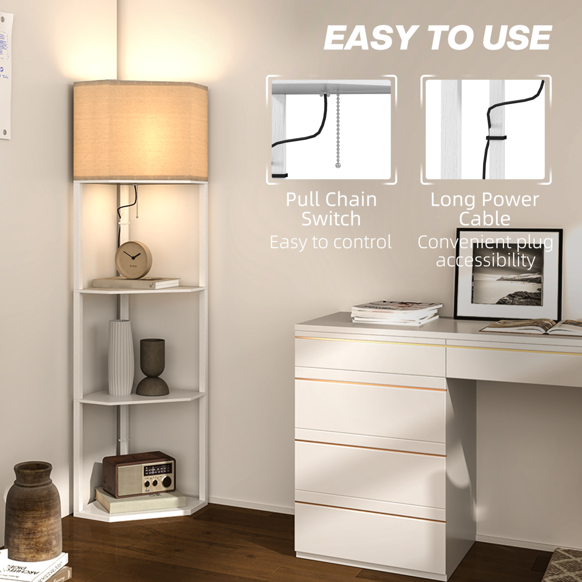 HOMCOM Corner Modern Floor Lamp with Shelves for Living Room, Bedroom