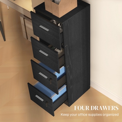 HOMCOM 4 Drawer File Cabinet Locking Filing Cabinet, Black Wood Effect