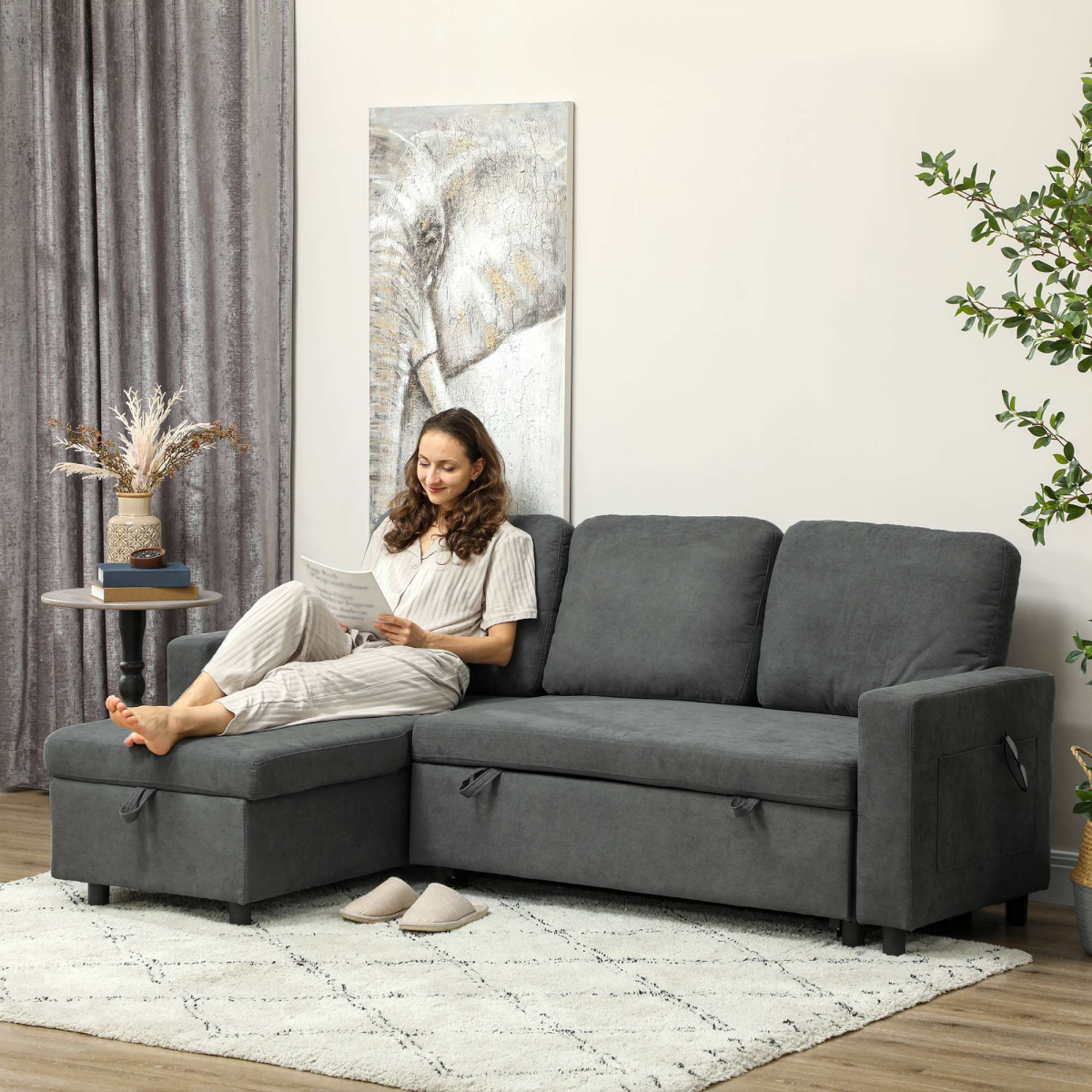HOMCOM Pull Out Sofa Bed L Shape Corner Sofa w/ Reversible Chaise