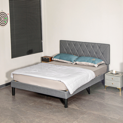 HOMCOM Double Bed Frame with 5-Level Adjustable Linen Headboard
