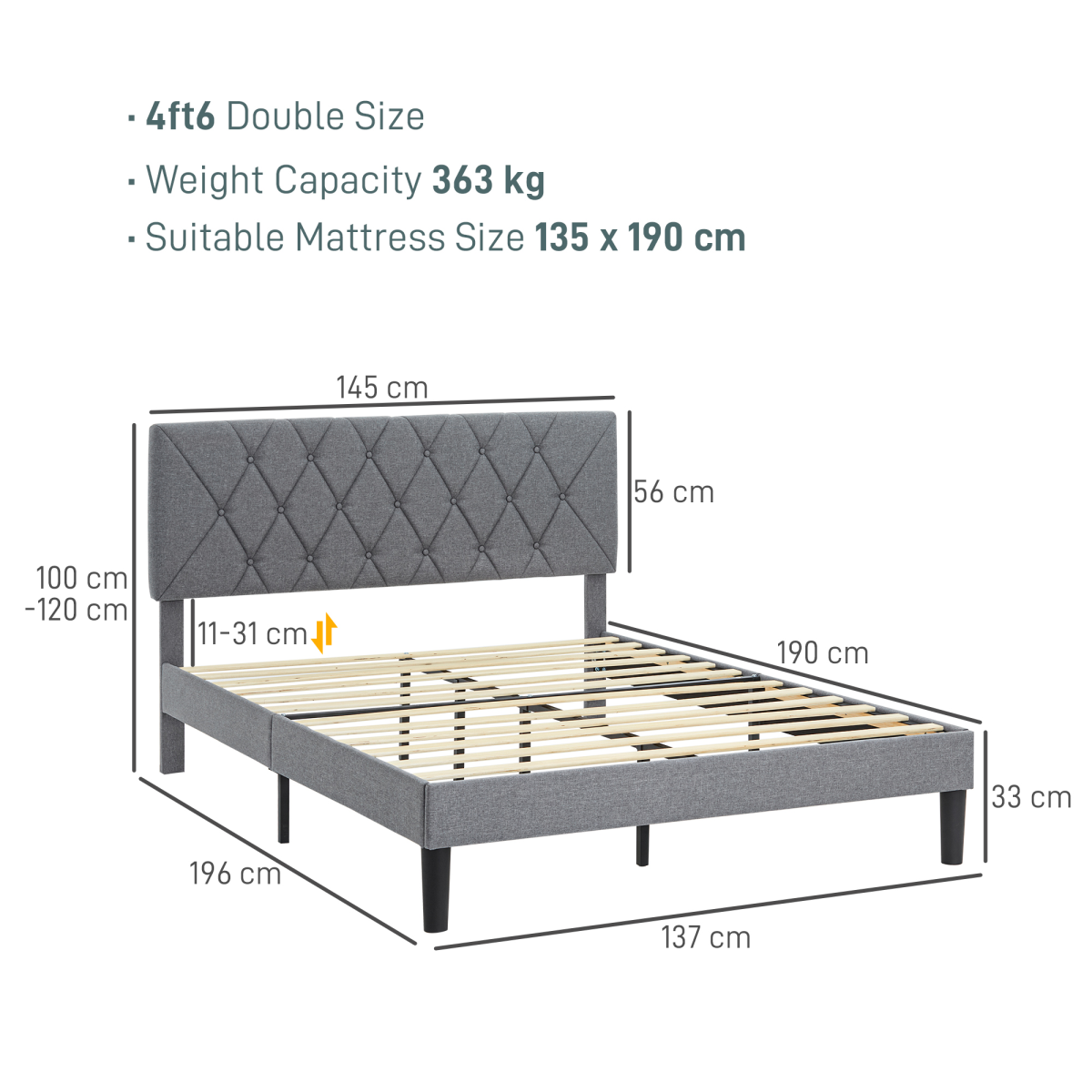 HOMCOM Double Bed Frame with 5-Level Adjustable Linen Headboard