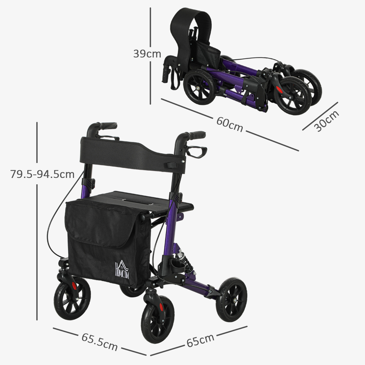 HOMCOM Folding Rollator Walker with Seat, Backrest, Bag, 4 Wheels