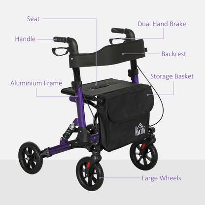 HOMCOM Folding Rollator Walker with Seat, Backrest, Bag, 4 Wheels