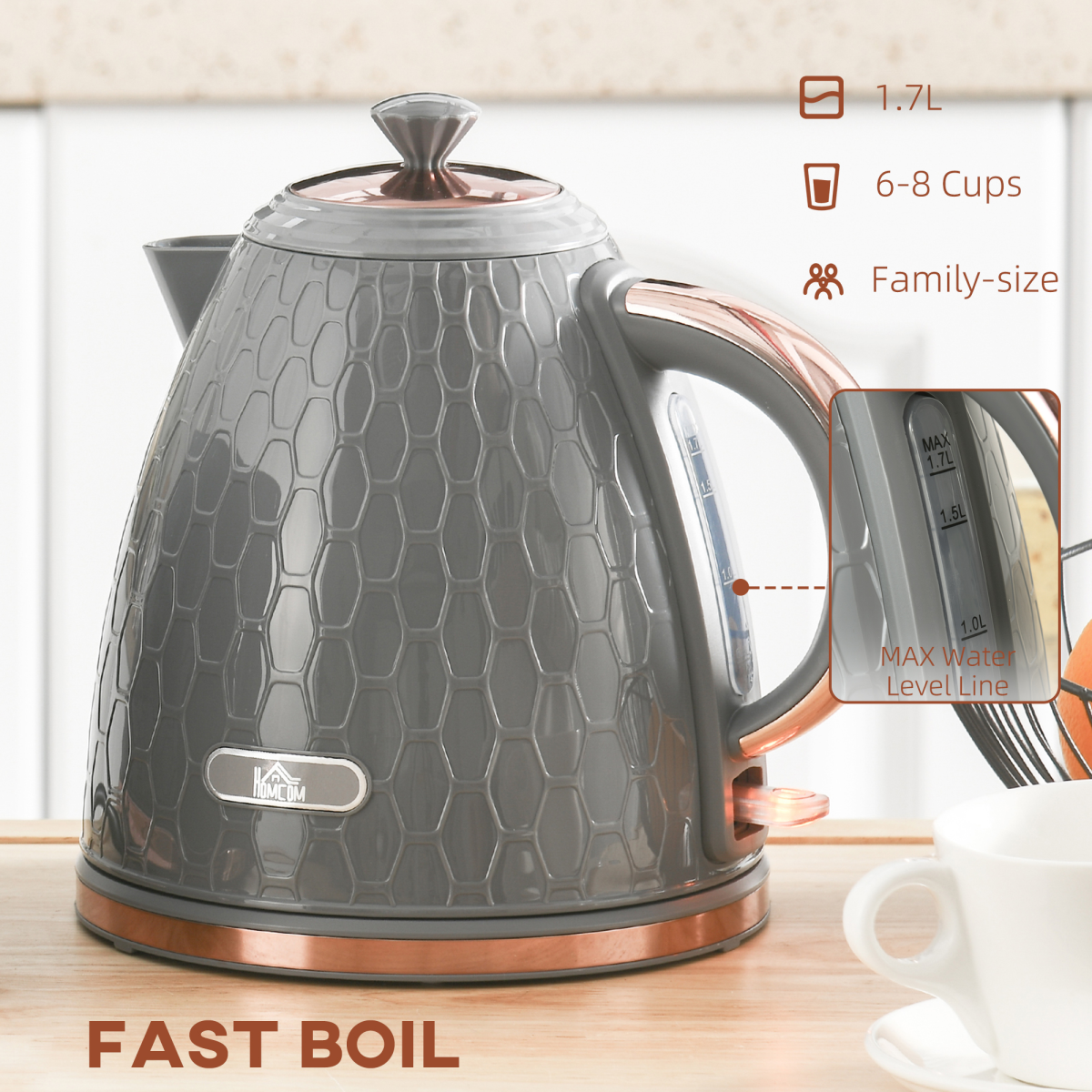 HOMCOM Electric Kettle, Fast Boil, 1.7L, 3kW, Swivel, Auto Shut-off