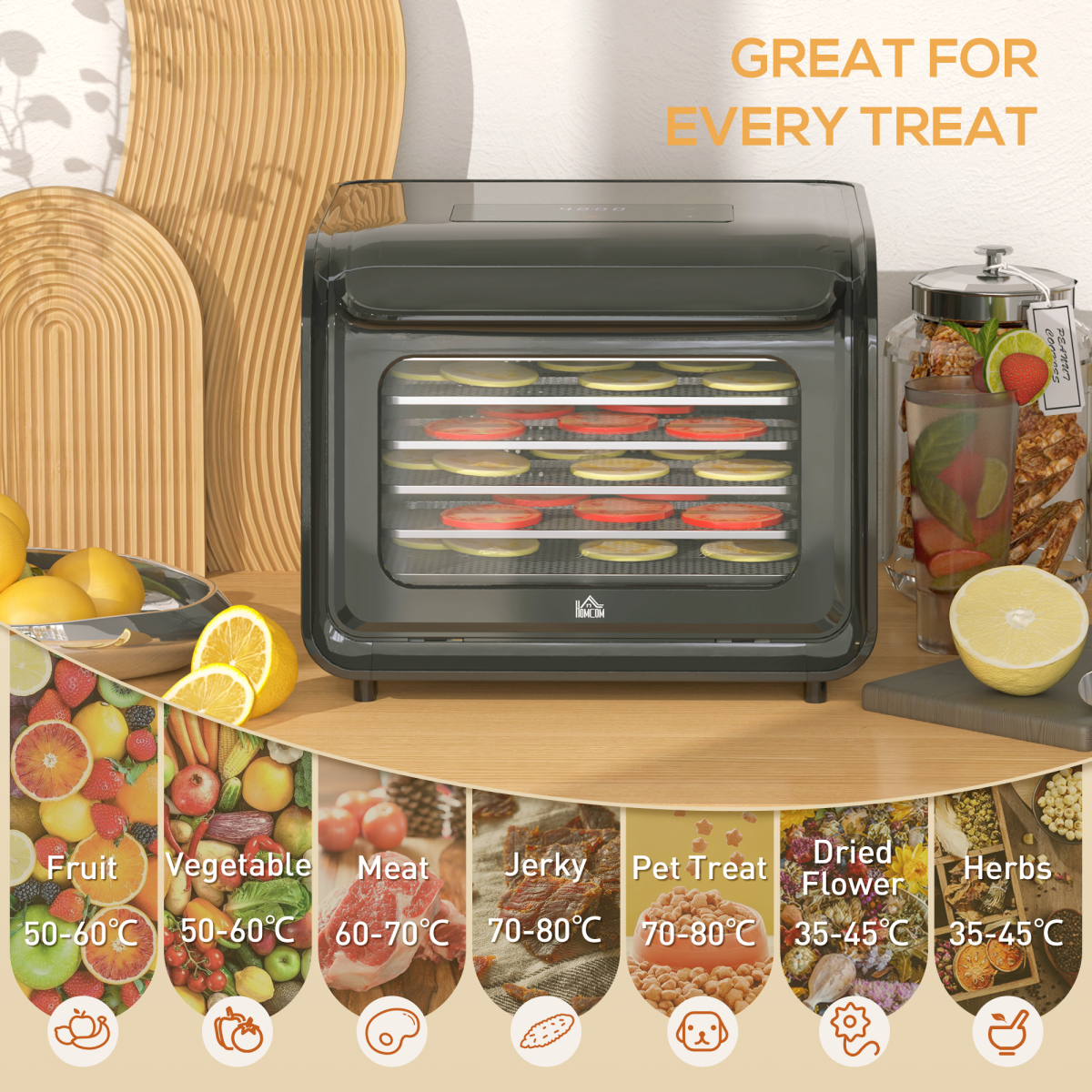 HOMCOM Food Dehydrator with 6 Stainless Steel Tray, for Fruit, Meat
