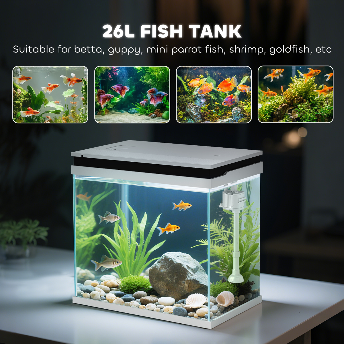 PawHut 14L Small Fish Tank with Filter System, LED Lights, Water Pump