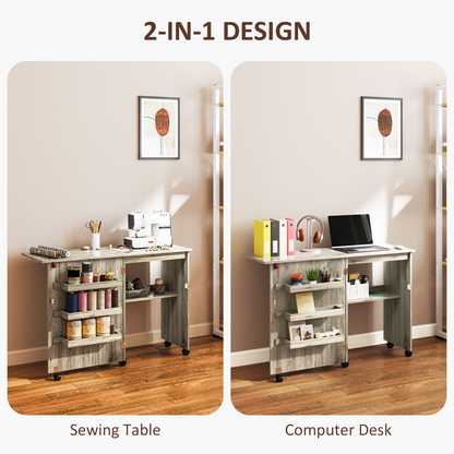 HOMCOM Folding Sewing Table Rolling Craft Table with Drop Leaf Wheels