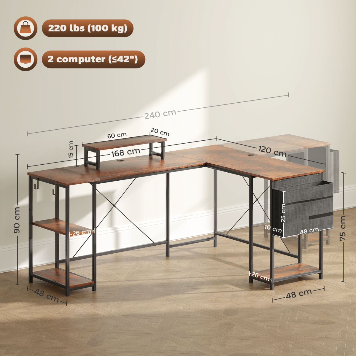HOMCOM 168cm Reversible L Shaped Desk, 240cm Two Person Desk