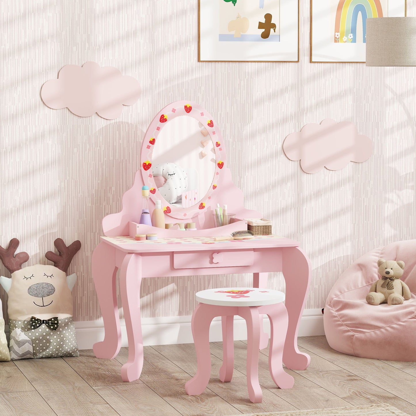AIYAPLAY Kids Dressing Table Set, 2 PCS Children Vanity Table with Stool
