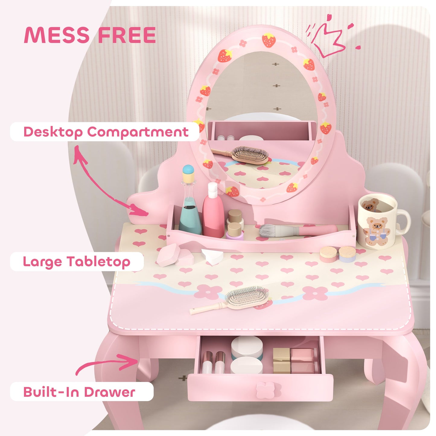 AIYAPLAY Kids Dressing Table Set, 2 PCS Children Vanity Table with Stool