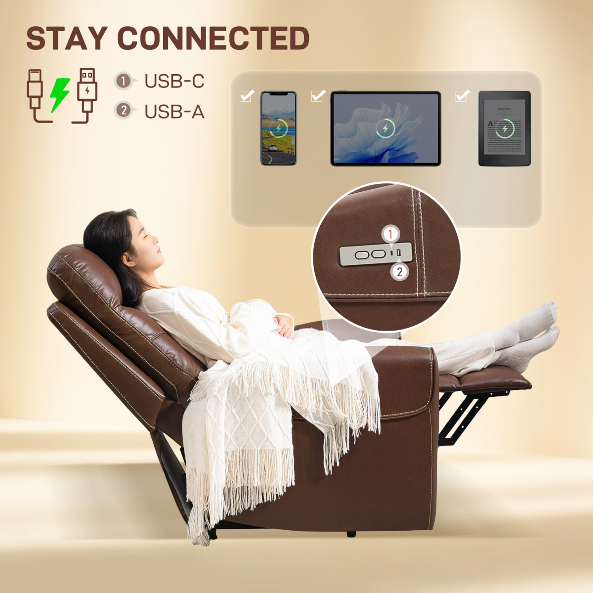 HOMCOM Overstuffed Riser and Reclining Chair with USB Ports, Remote