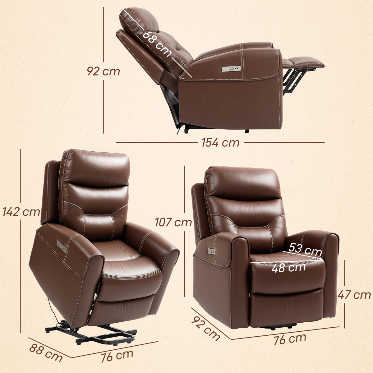 HOMCOM Overstuffed Riser and Reclining Chair with USB Ports, Remote