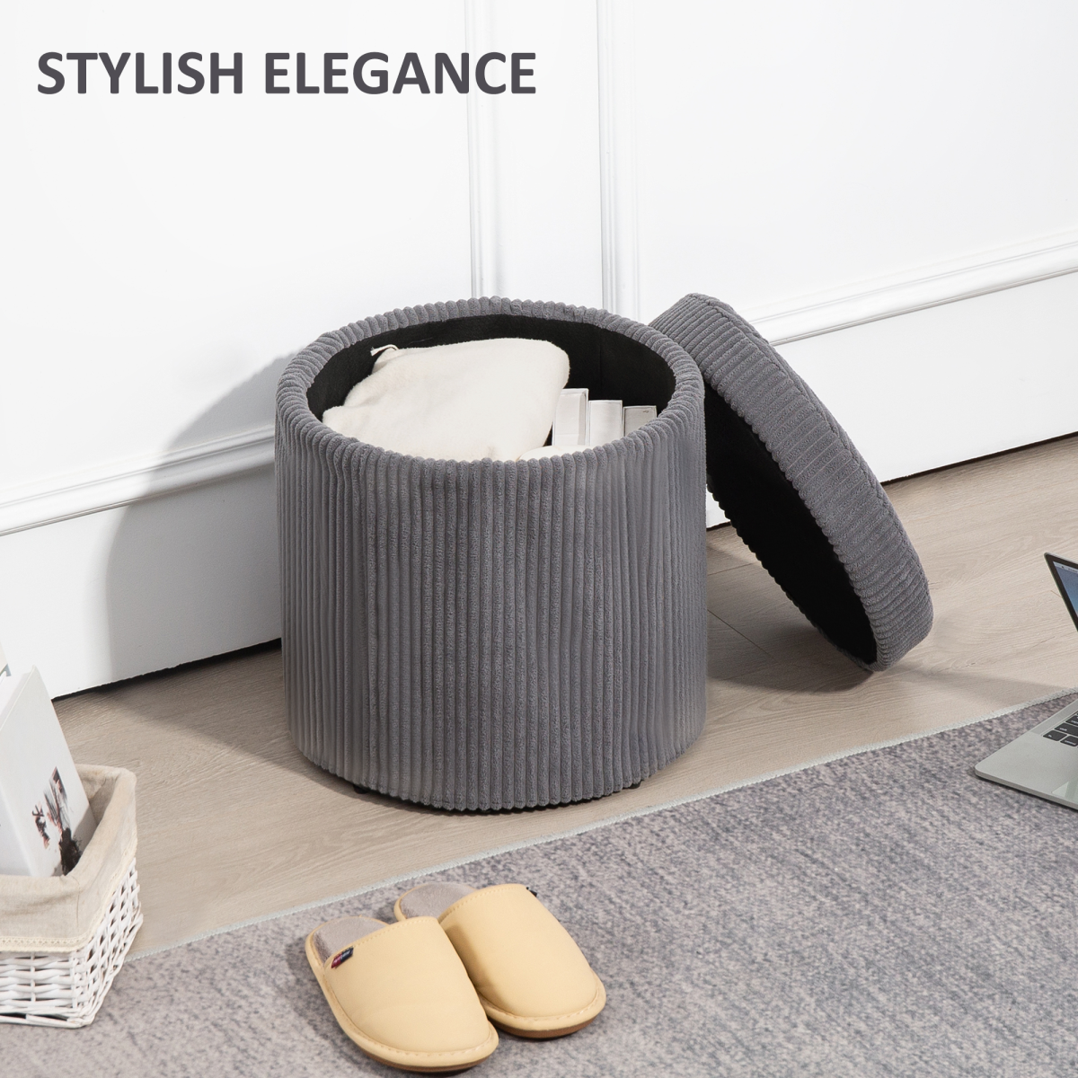 HOMCOM Round Storage Ottoman with Lid, Vanity Stool with Storage