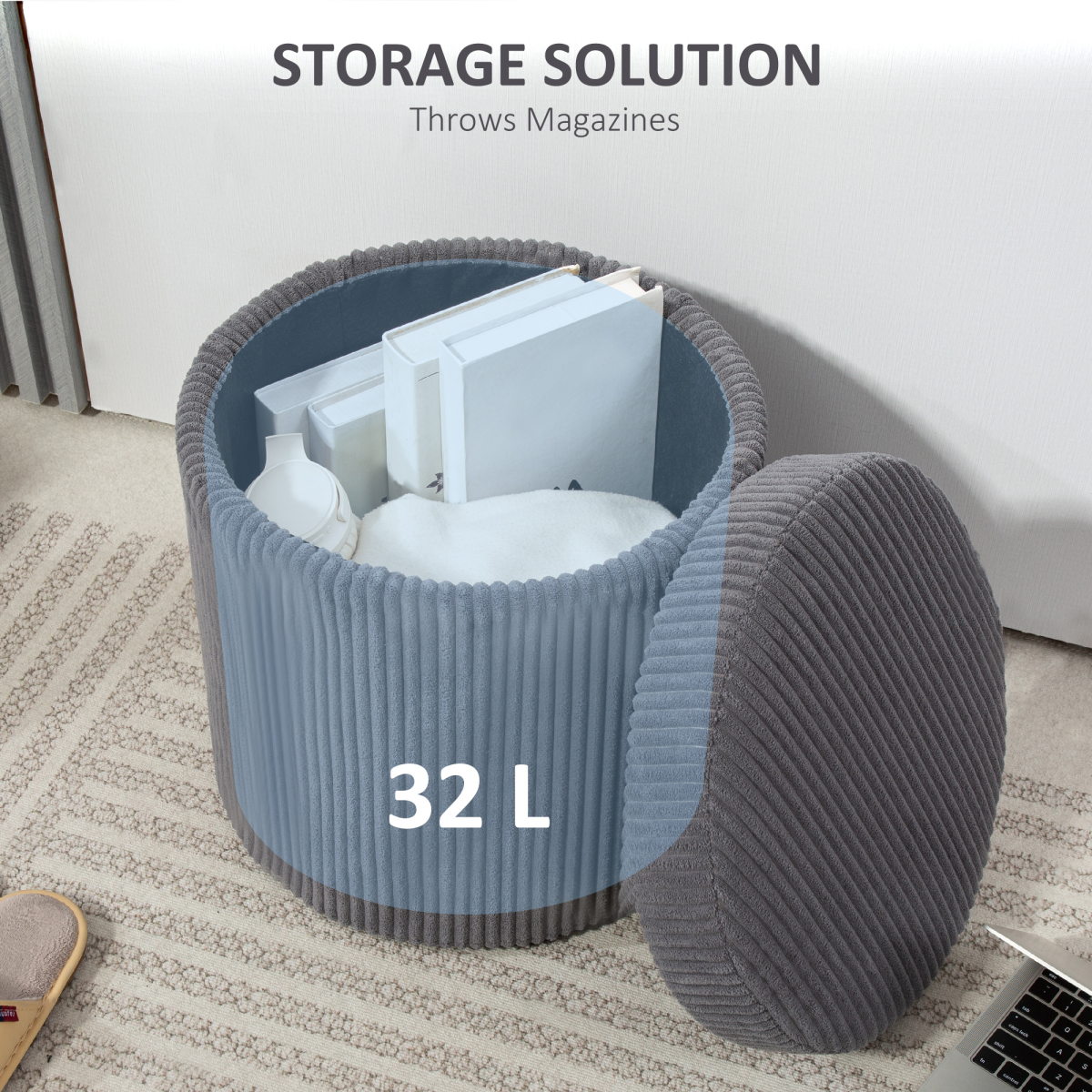 HOMCOM Round Storage Ottoman with Lid, Vanity Stool with Storage